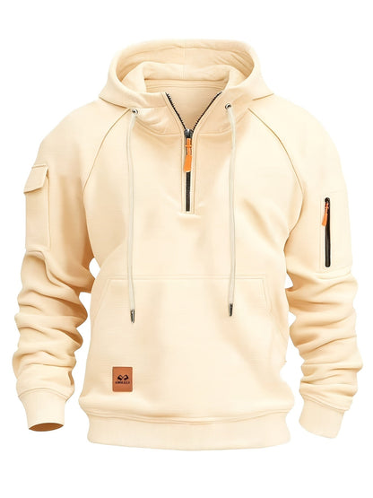 Men's utility quarter-zip hoodie in black, navy, khaki and burgundy with pocket detail, colour option 4 side view