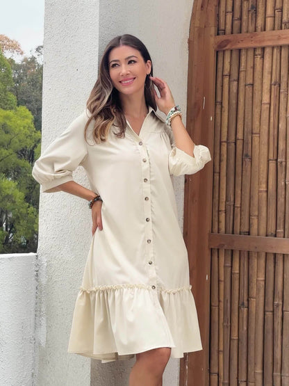 Women's button-front boho midi dress with pleated hem and rolled half sleeves