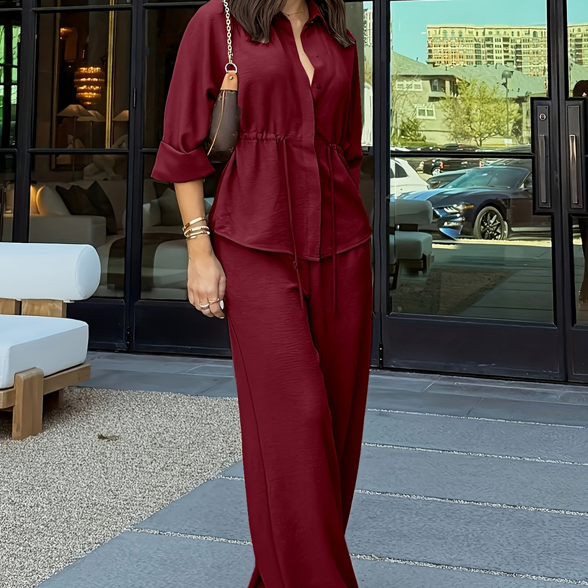 Women's relaxed lapel top and drawstring wide-leg pants set in coffee brown, burgundy, khaki and black, view 7