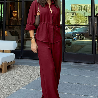 Women's relaxed lapel top and drawstring wide-leg pants set in coffee brown, burgundy, khaki and black, view 7