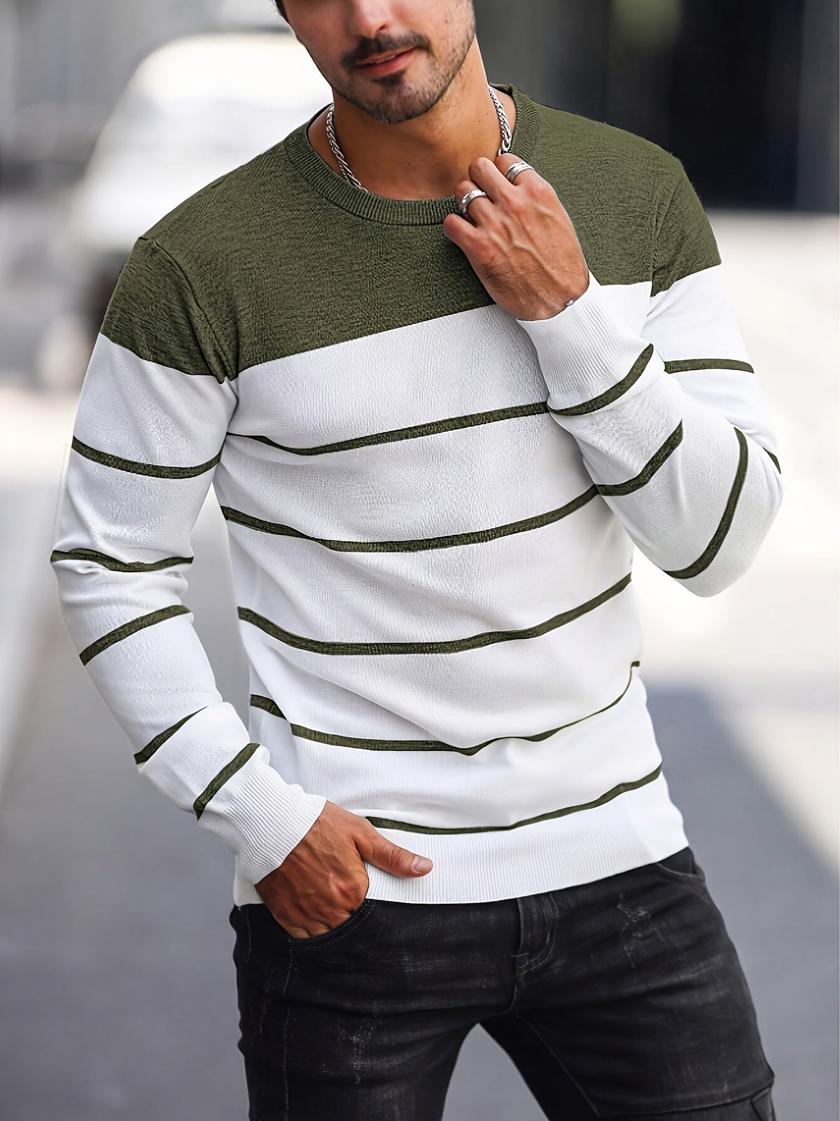Kessoro Burgundy striped crew neck knit sweater for men