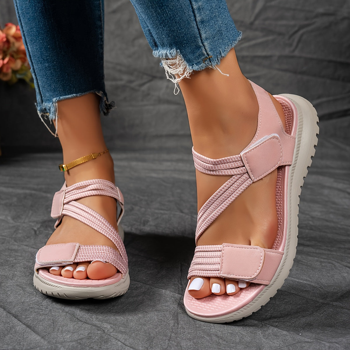 Women's adjustable strap cushioned comfort sandals in black, navy, grey, khaki, green and pink, view 11