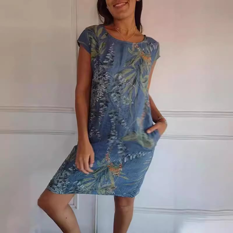 Women's striped crew neck midi dress with short sleeves in white, blue, green and pink