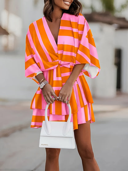 Kessoro women's batwing-sleeve tiered wrap dress shown in orange red and black colourways on a female model