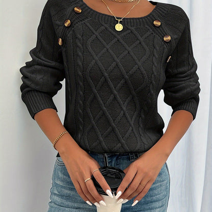 Kessoro women's cable-knit button lantern-sleeve sweater in white, khaki, black and grey – view 8