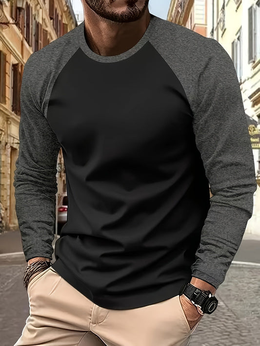 Men's two-tone raglan long-sleeve t-shirt in black, light grey and white, front view