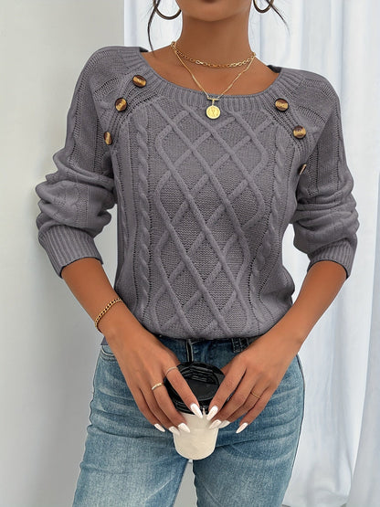 Kessoro women's cable-knit button lantern-sleeve sweater in white, khaki, black and grey – view 2