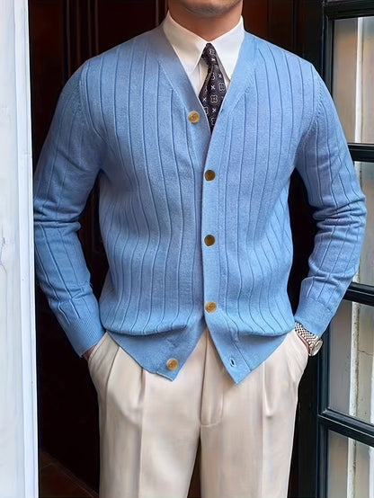 Kessoro Men's Ribbed Button-Up Knit Cardigan in white, sky blue and black, image 9 of 18.