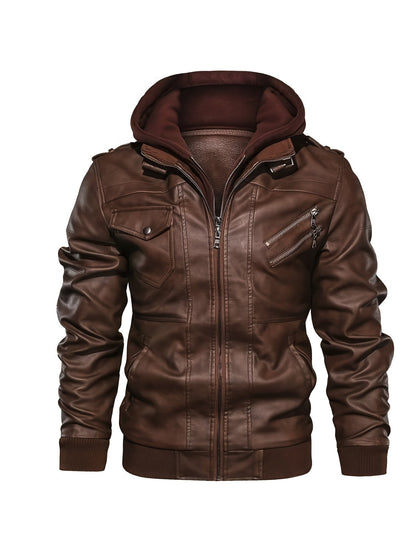 Kessoro men's hooded moto biker jacket in black, dark grey or coffee brown, view 23 of 30