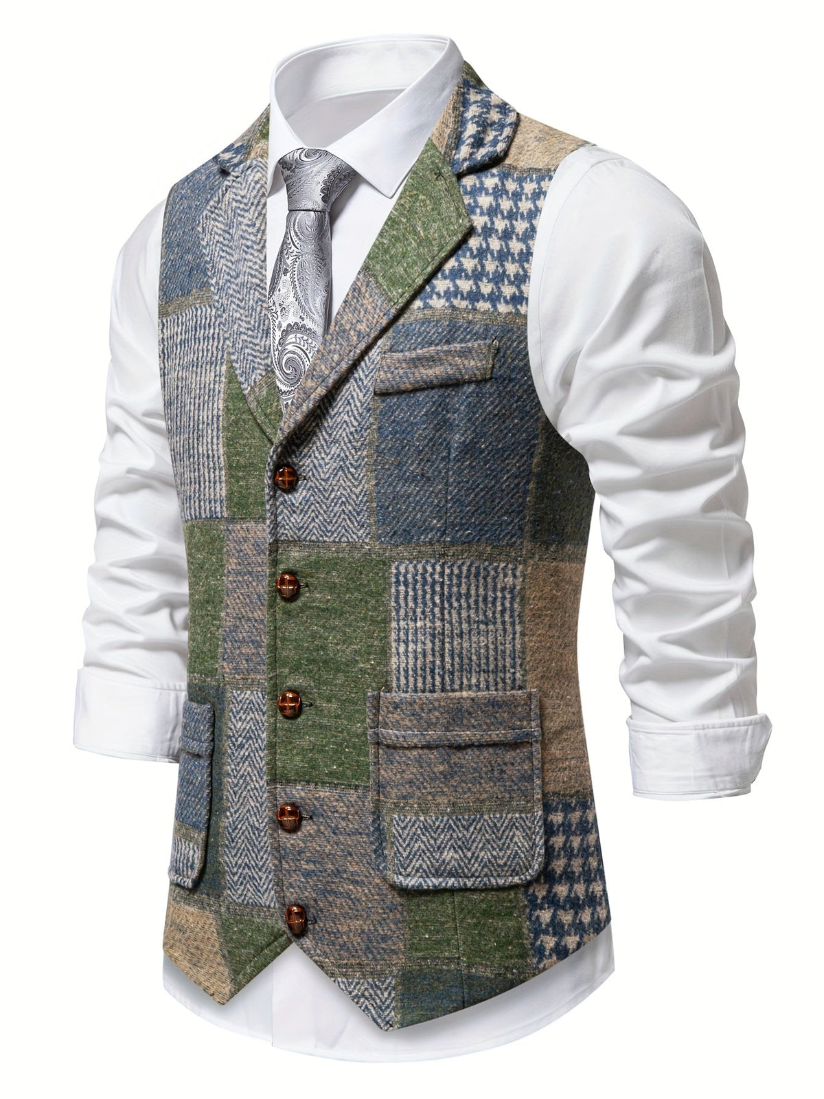 Kessoro Men's Patchwork Notch Lapel Tailored Waistcoat in grey, wine red, blue, navy and orange - men's apparel, view 17 of 31