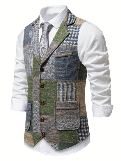 Kessoro Men's Patchwork Notch Lapel Tailored Waistcoat in grey, wine red, blue, navy and orange - men's apparel, view 17 of 31