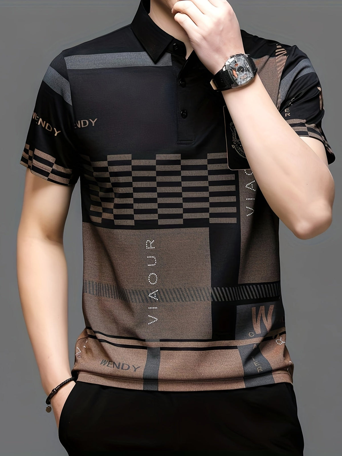 Men's colorblock short-sleeve polo shirt in black, navy blue and white — Kessoro, image 9 of 14