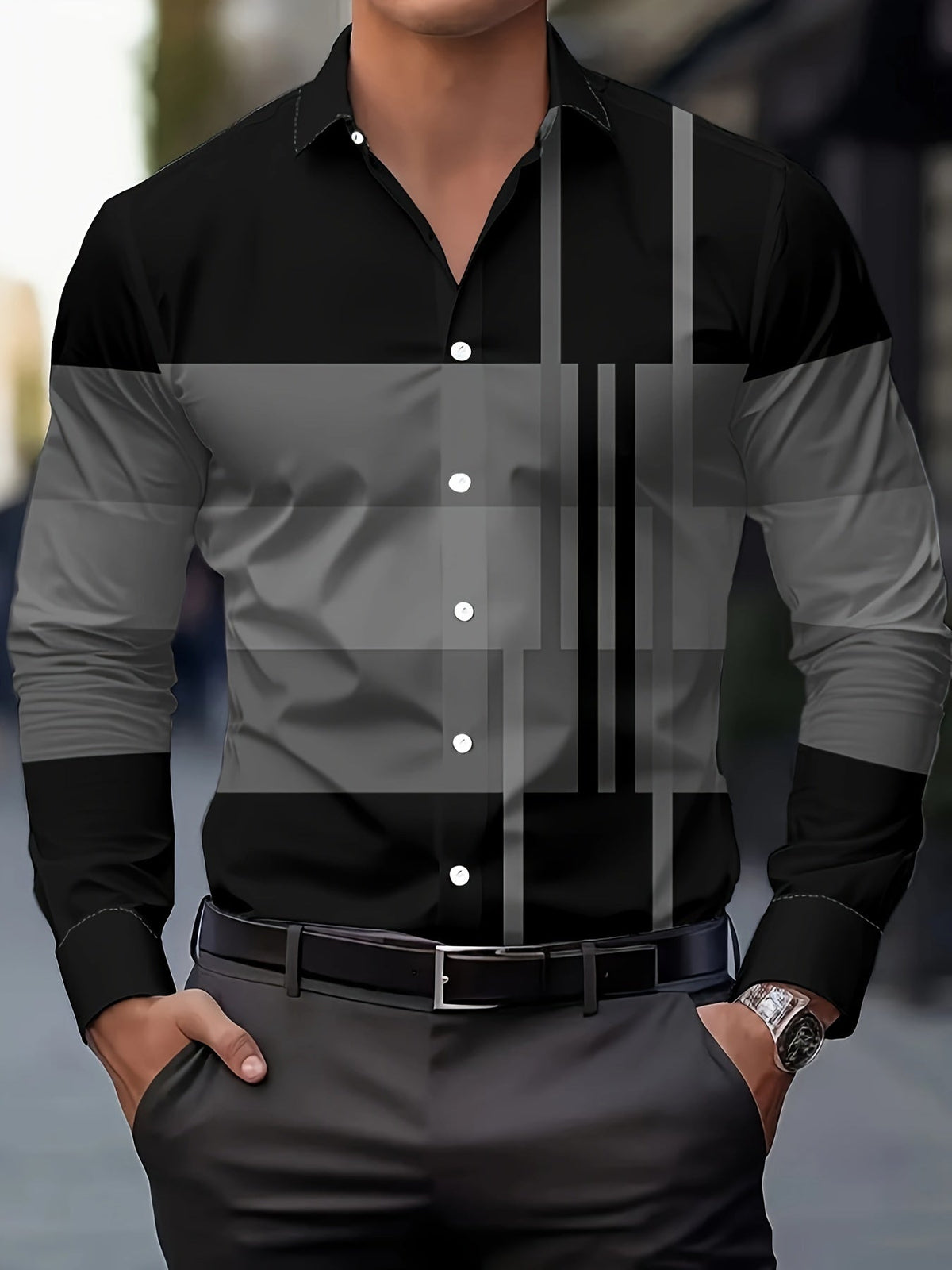 Kessoro men's colour-block long-sleeve shirt in brown, dark grey or black, view 7 of 17