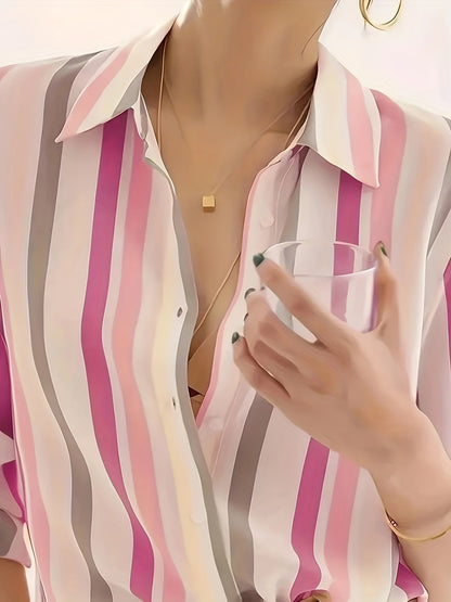 Kessoro Women's Striped Lapel Collar Button-Up Blouse in blue, sky blue, tangerine and other colourways — detail of the fabric and finish