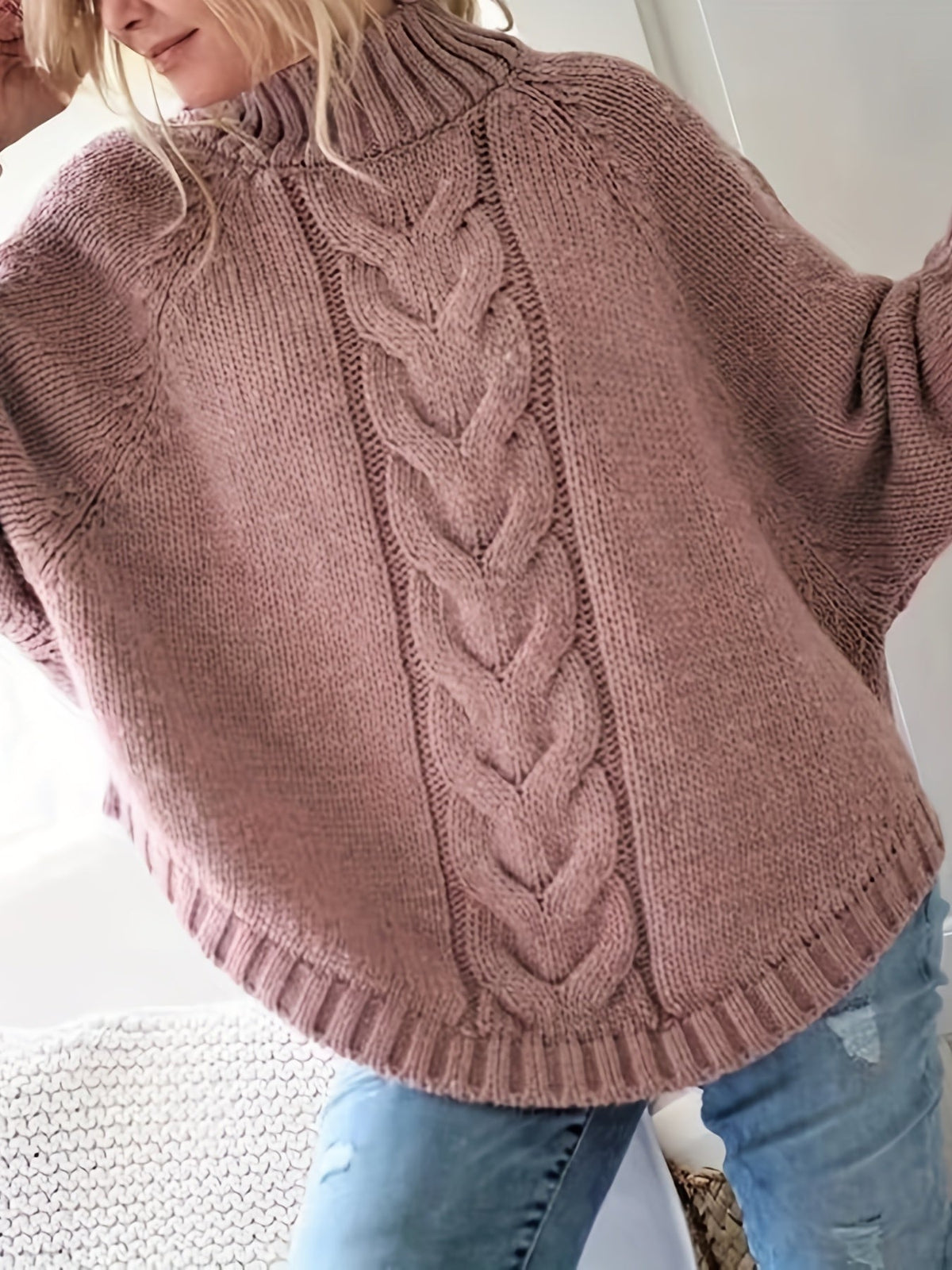 Women's cable-knit high-neck chunky sweater in a soft grey, pink and red colour family (view 6)