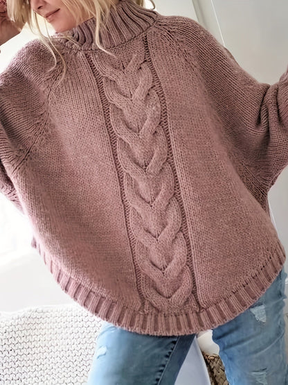 Women's cable-knit high-neck chunky sweater in a soft grey, pink and red colour family (view 6)