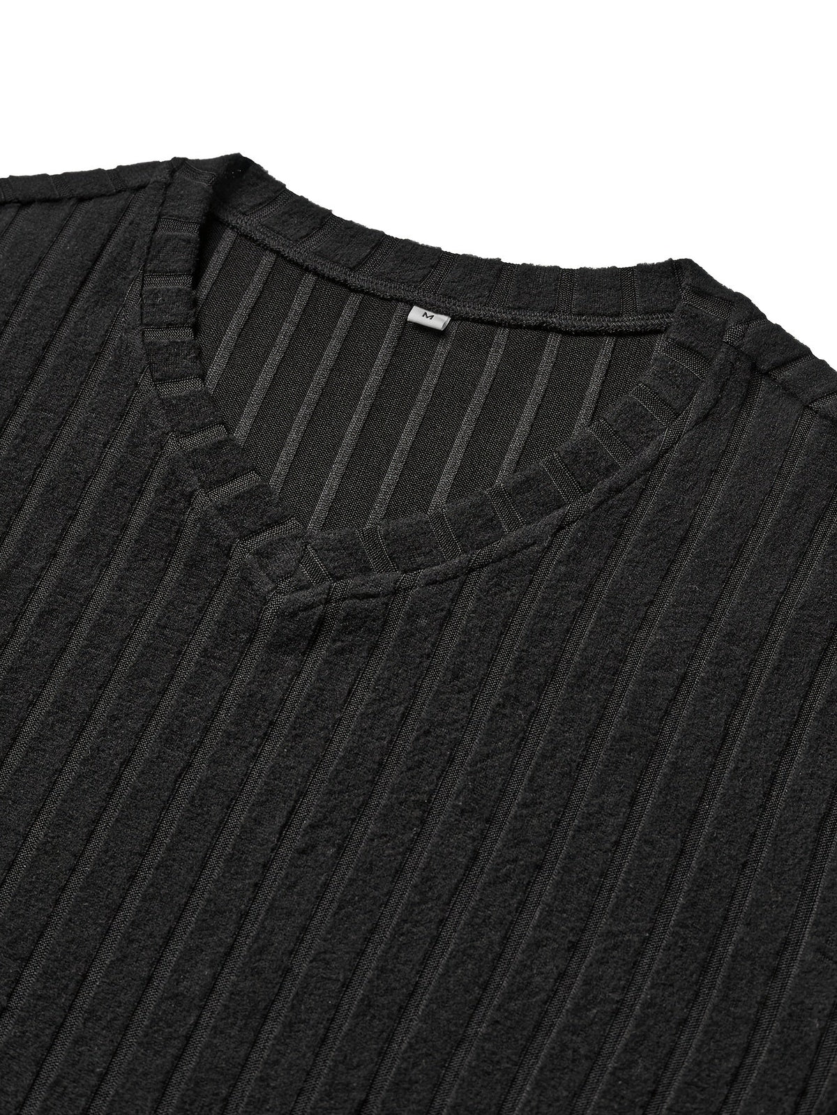 Men's ribbed V-neck long sleeve top in black, styled view