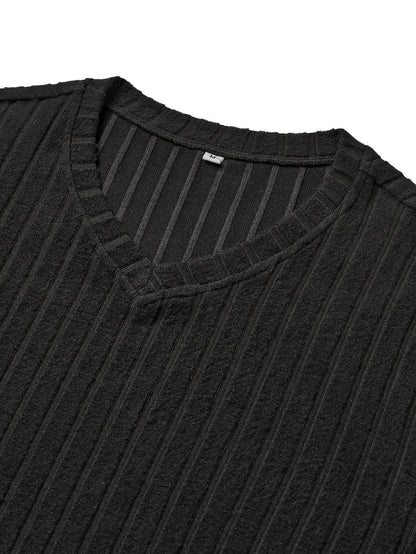 Men's ribbed V-neck long sleeve top in black, styled view
