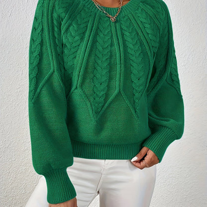 Kessoro women's relaxed cable-knit lantern-sleeve sweater in matcha, beige, burgundy, navy and camel