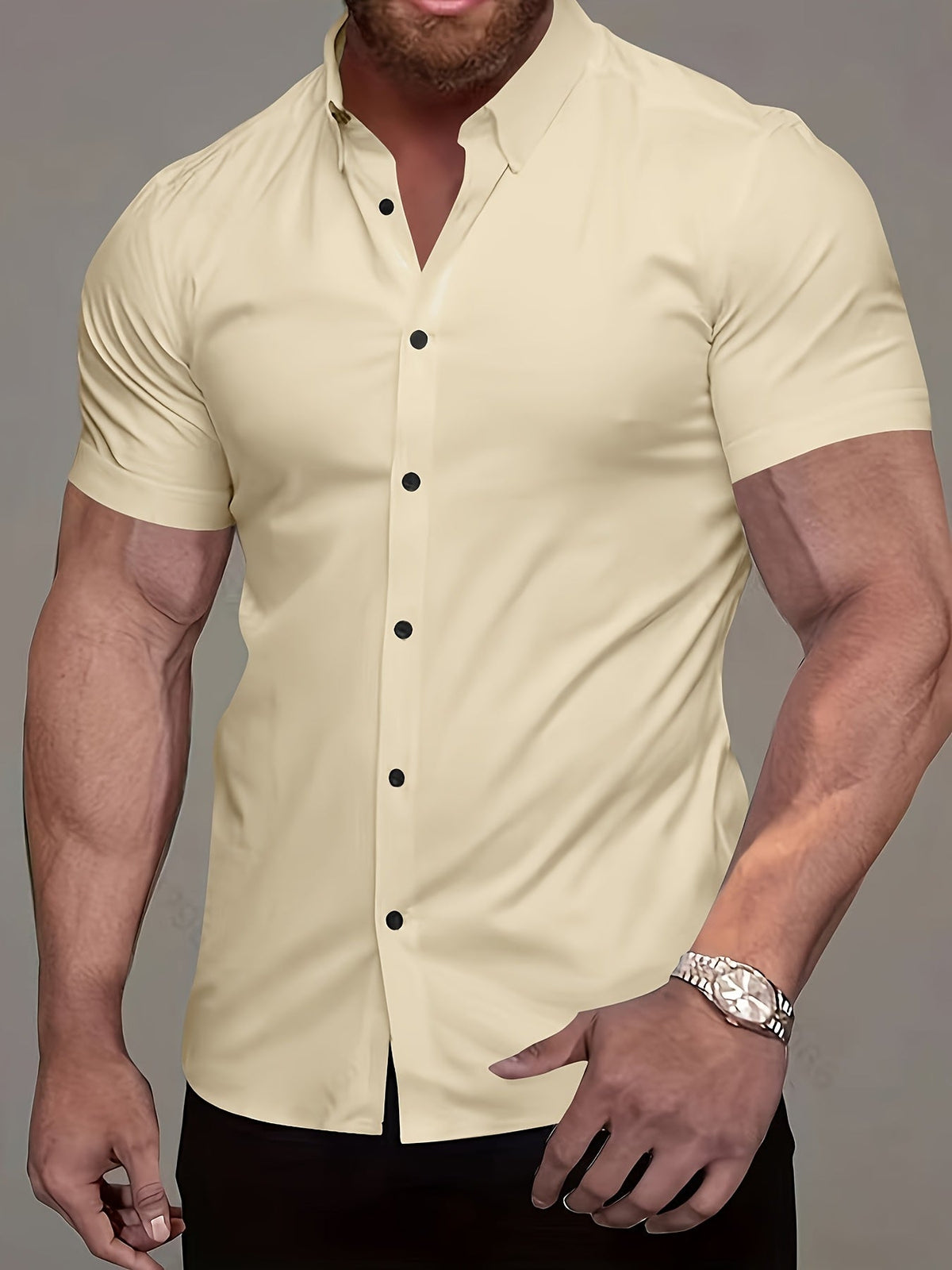 Kessoro men's refined short-sleeve button-up shirt shown in eleven colourways including white, black, navy and army green on a male model