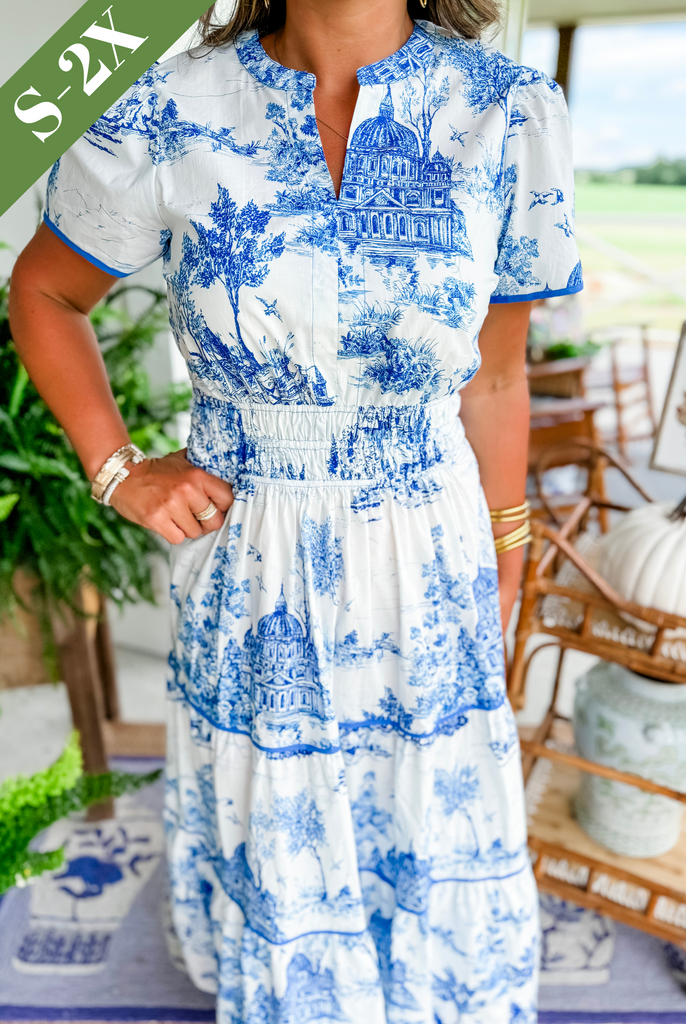 Women's toile print tiered maxi dress with a smocked waist and soft V-neckline
