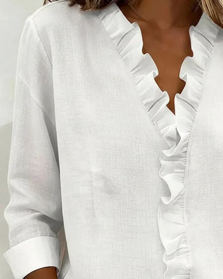 Kessoro women's V-neck ruffle long-sleeve blouse in pink, white, green, blue, black, orange, yellow and purple