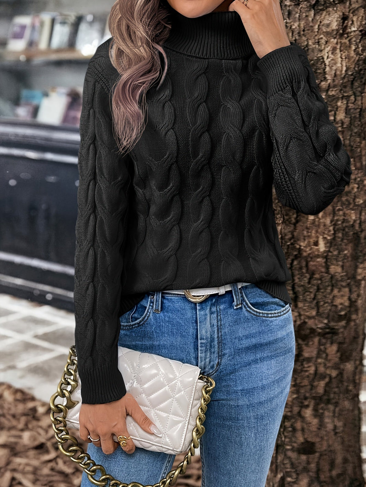 Kessoro women's cable-knit turtleneck sweater in red, black, grey, royal blue, violet, white and pink - product view 11