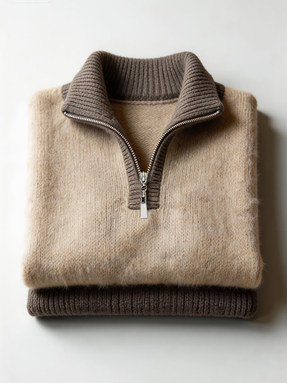 Women's relaxed half-zip ribbed sweater in khaki and lavender, close-up view