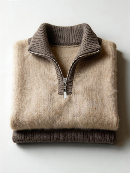 Women's relaxed half-zip ribbed sweater in khaki and lavender, close-up view
