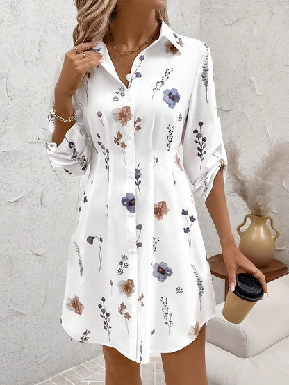 Kessoro women's floral button-front shirt dress shown in sky blue and white colourways on a female model