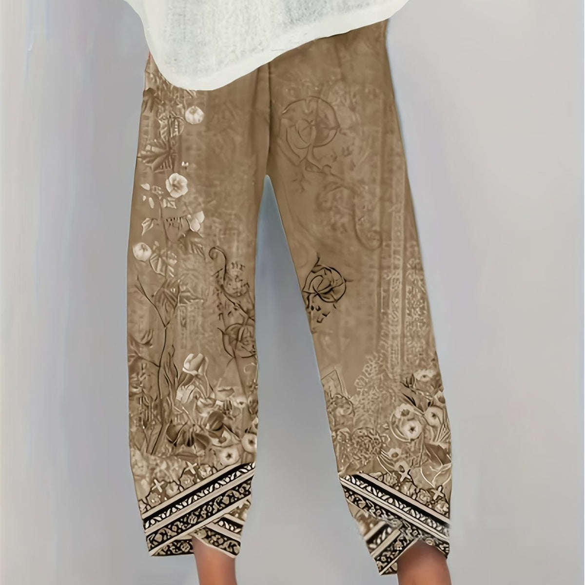 Kessoro women's botanical print elastic-waist cropped trousers in vintage plant and retro colours
