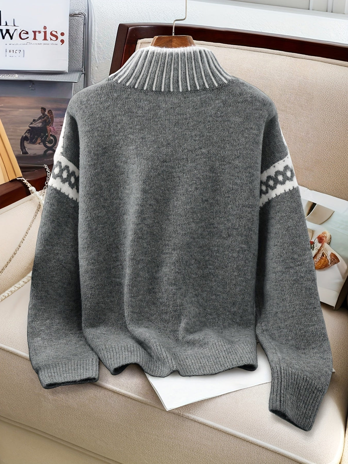 Kessoro women's contrast-trim mock neck knit sweater in dark grey and grey