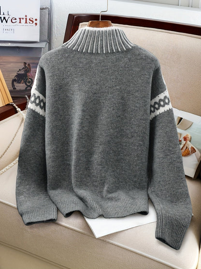 Kessoro women's contrast-trim mock neck knit sweater in dark grey and grey