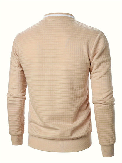 Men's textured stand-collar zip-up bomber jacket in khaki, black, dark gray, military green, navy and burgundy, back view