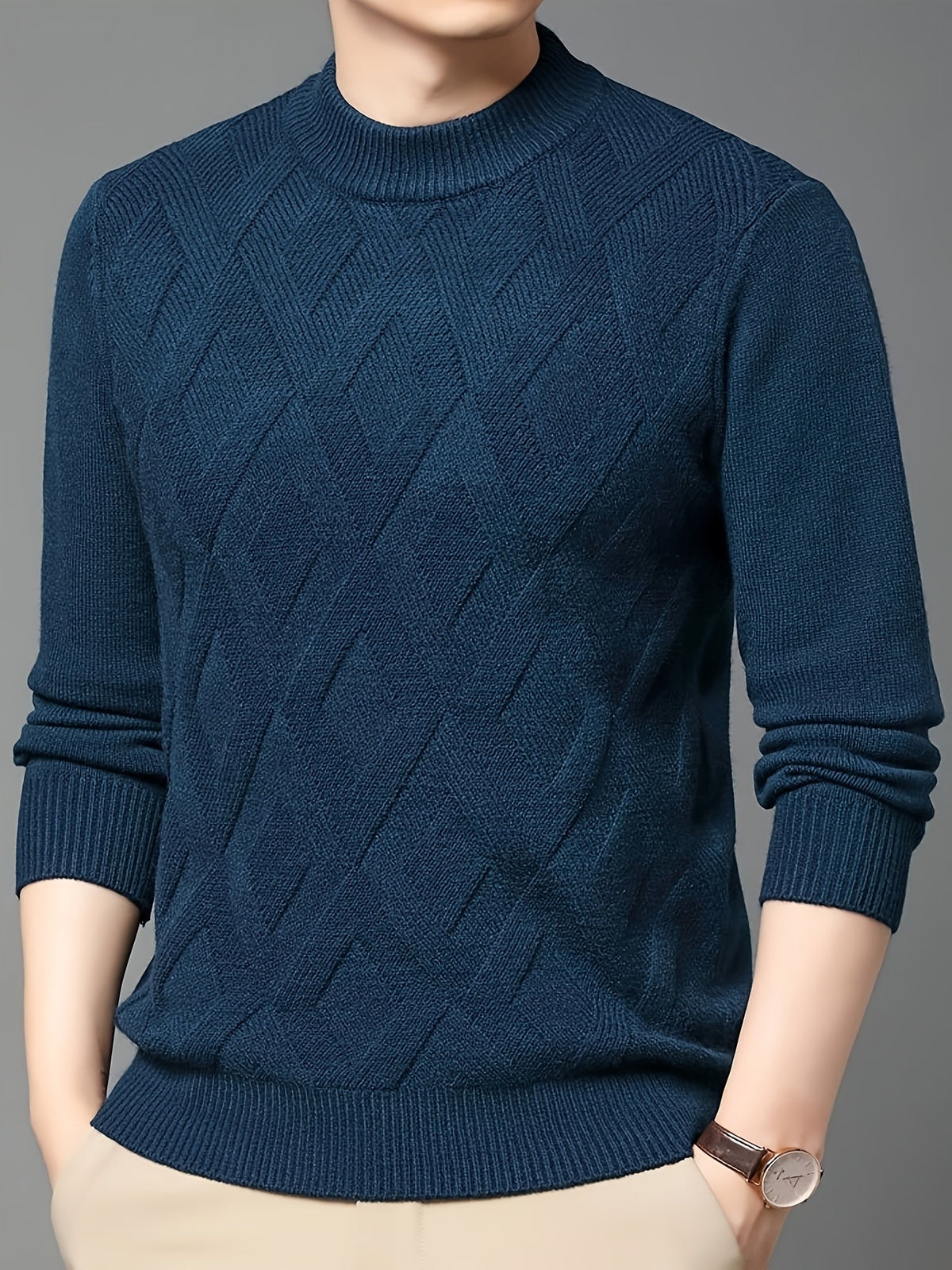 Kessoro men's textured mock-neck knit sweater in deep blue-grey winter tones