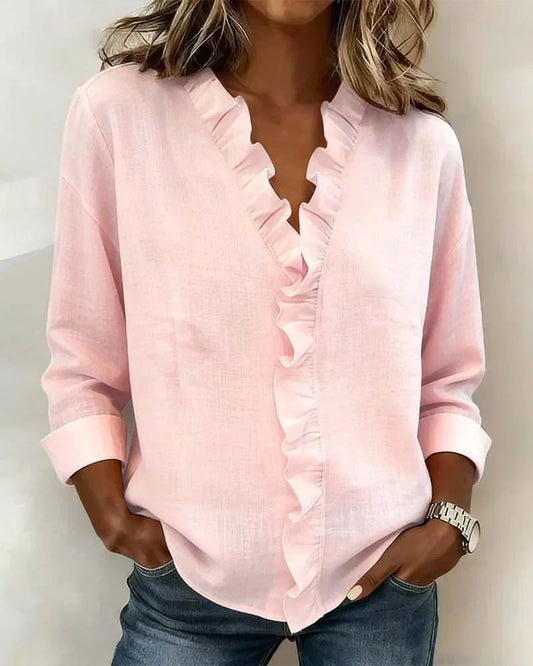 Kessoro women's V-neck ruffle long-sleeve blouse in pink, white, green, blue, black, orange, yellow and purple