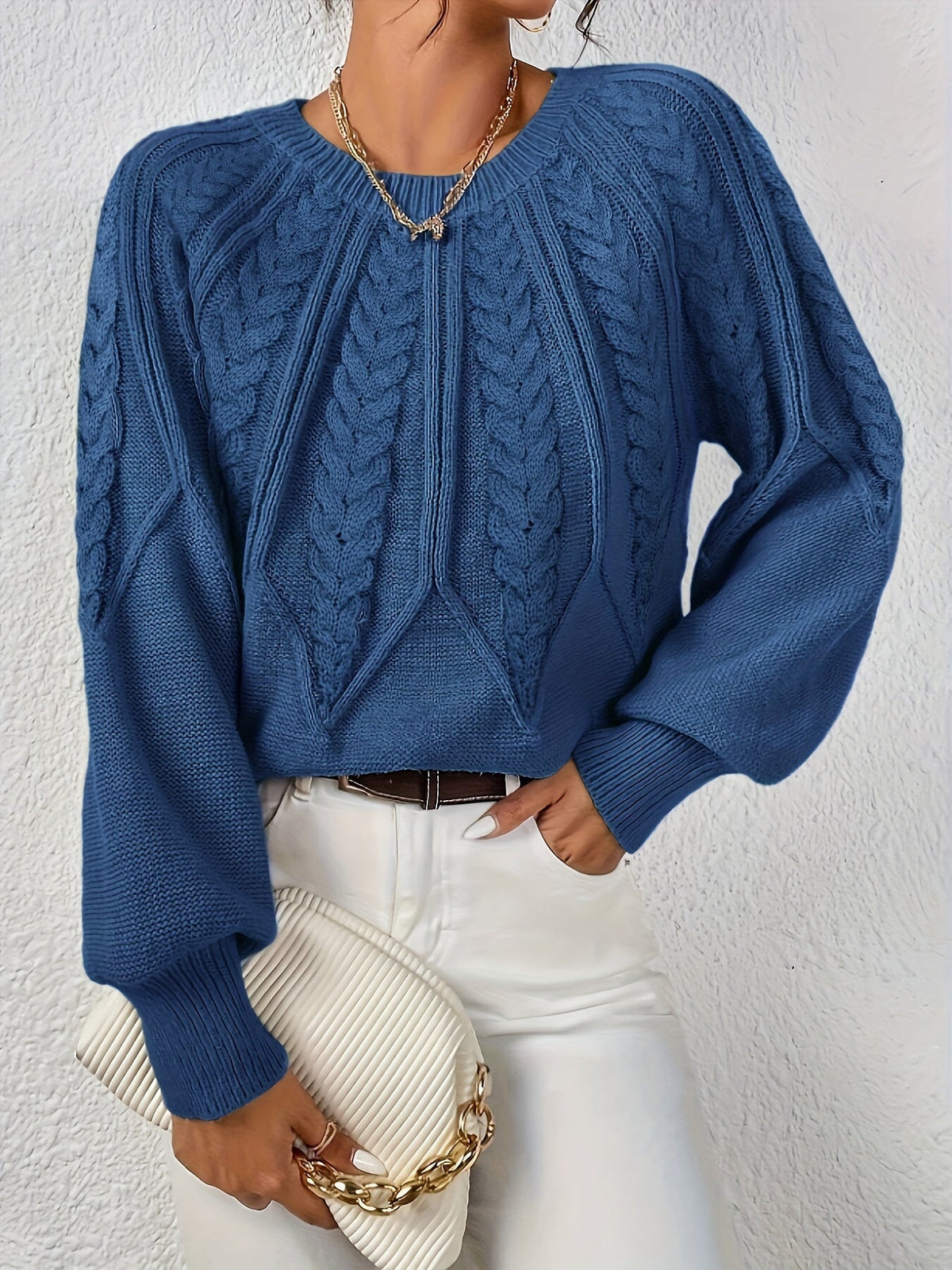 Kessoro women's relaxed cable-knit lantern-sleeve sweater in matcha, beige, burgundy, navy and camel