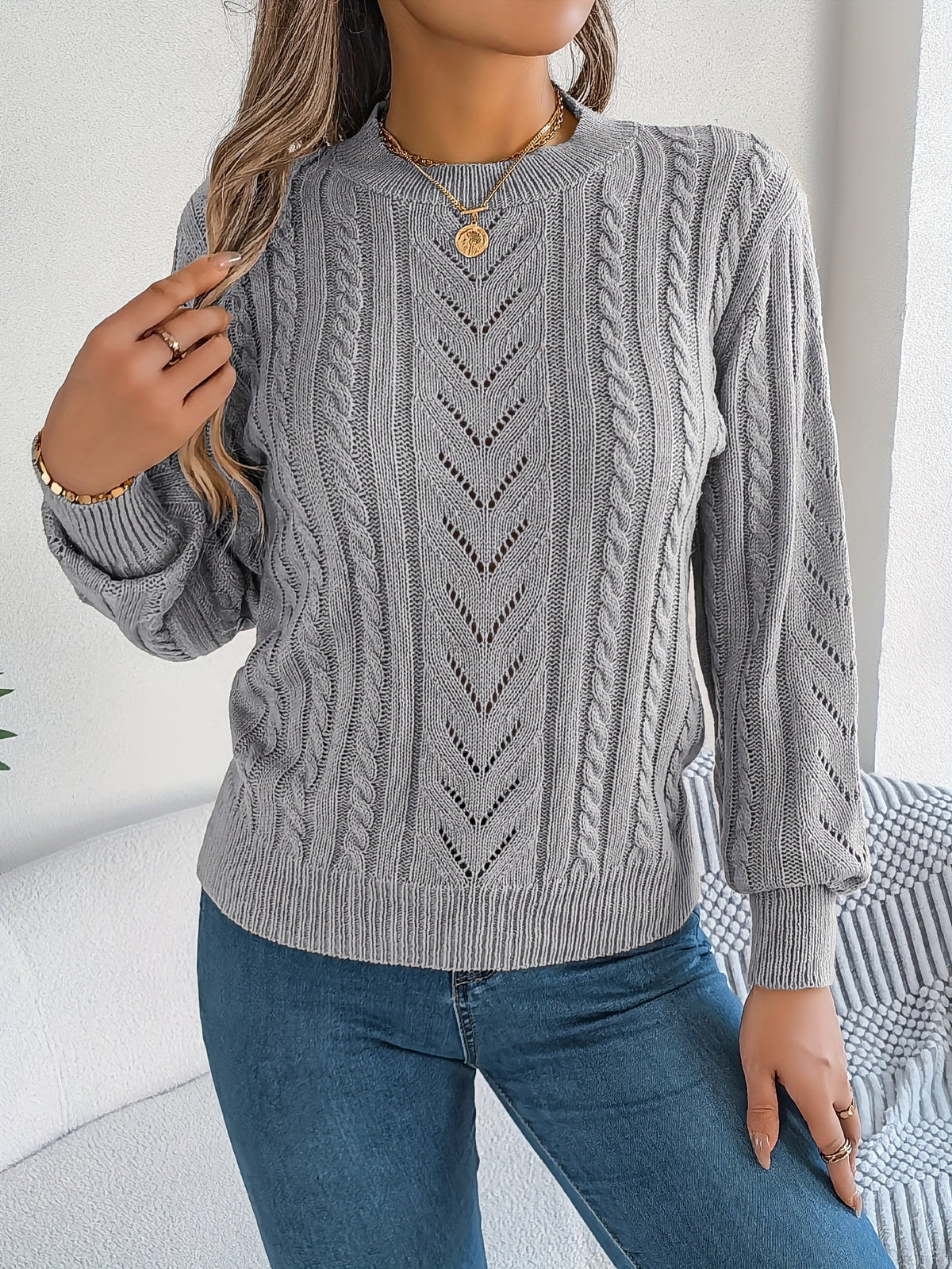 Kessoro Women's Cable-Knit Round Neck Sweater in khaki, grey and orange-red - women's apparel, view 9 of 21