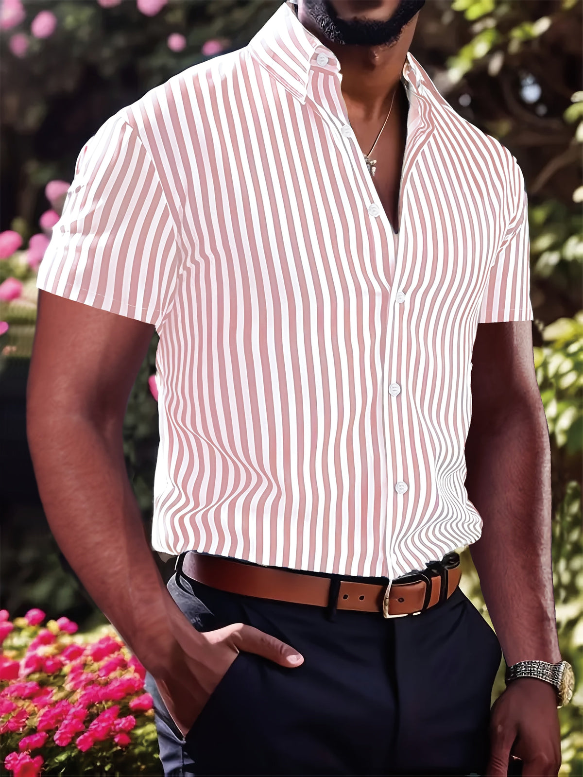 Kessoro men's striped short sleeve button-up shirt in pink, yellow-green and blue – view 2