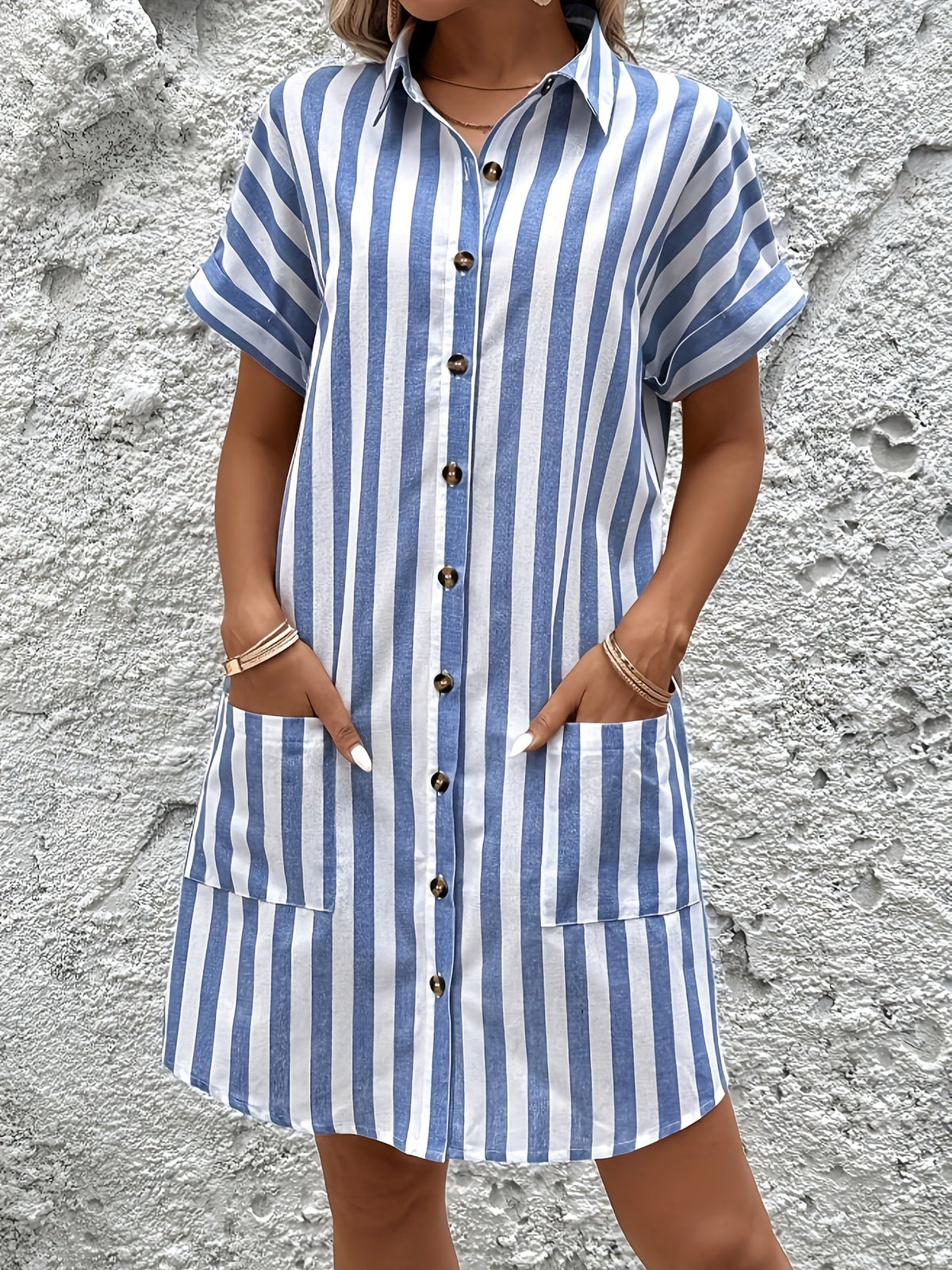 Kessoro women's belted striped short-sleeve shirt dress in apricot and sky blue