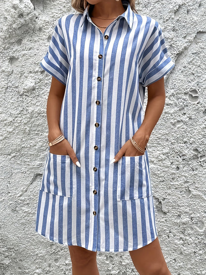 Kessoro women's belted striped short-sleeve shirt dress in apricot and sky blue