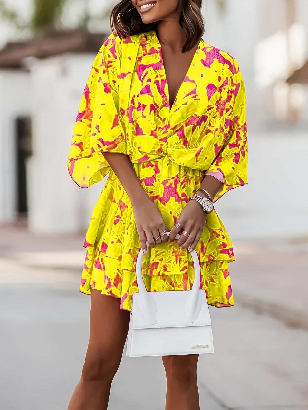 Kessoro women's batwing-sleeve tiered wrap dress shown in orange red and black colourways on a female model