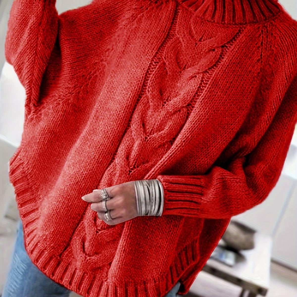Kessoro women's high-neck cable-knit loose sweater in khaki, grey, pink, black and red – view 15
