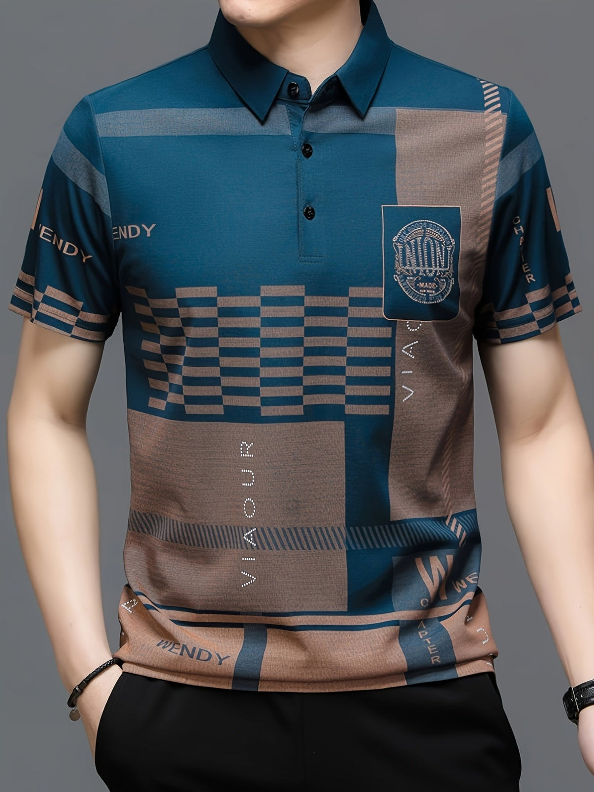 Men's colorblock short-sleeve polo shirt in black, navy blue and white — Kessoro, image 2 of 14