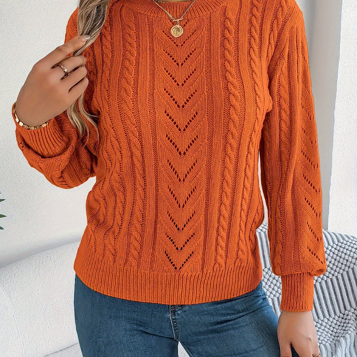 Kessoro Women's Cable-Knit Round Neck Sweater in khaki, grey and orange-red - women's apparel, view 15 of 21