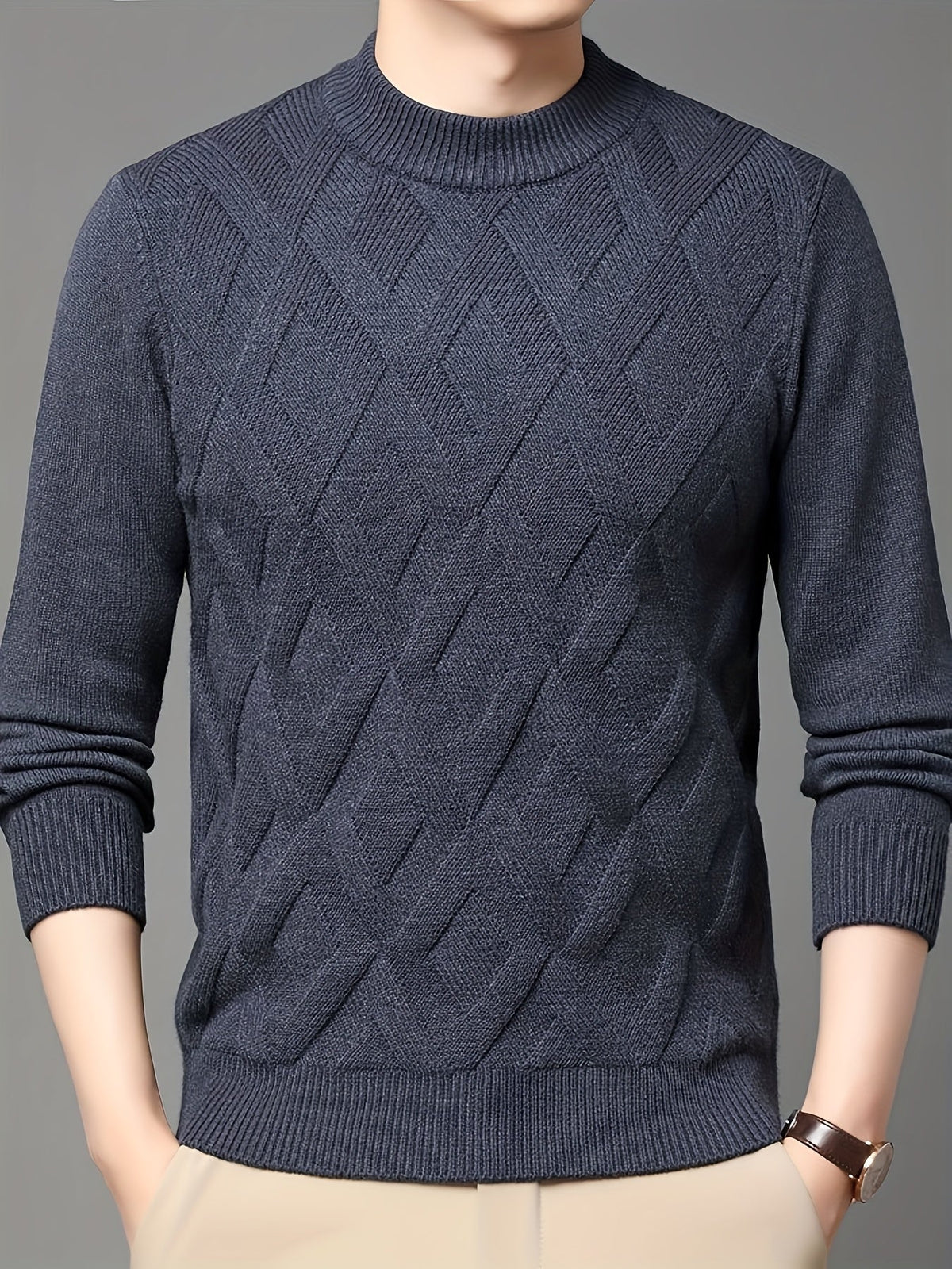 Kessoro men's textured mock-neck knit sweater in deep blue-grey winter tones