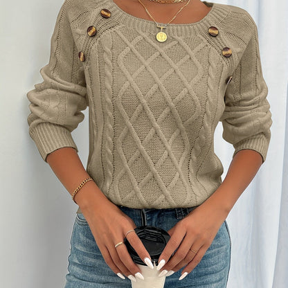 Kessoro women's cable-knit button lantern-sleeve sweater in white, khaki, black and grey – view 7