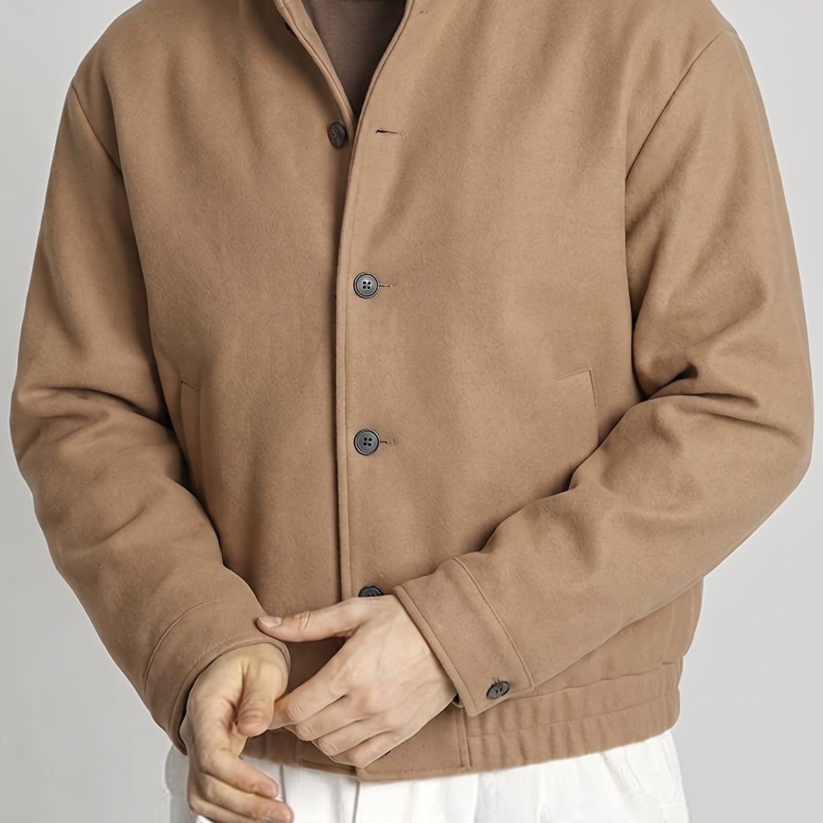 Men's refined button-front bomber jacket in a khaki colour family (view 1)