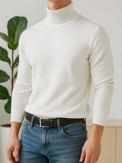 Men's refined ribbed roll-neck high-neck sweater in black, white, bronze and blue, collar detail view
