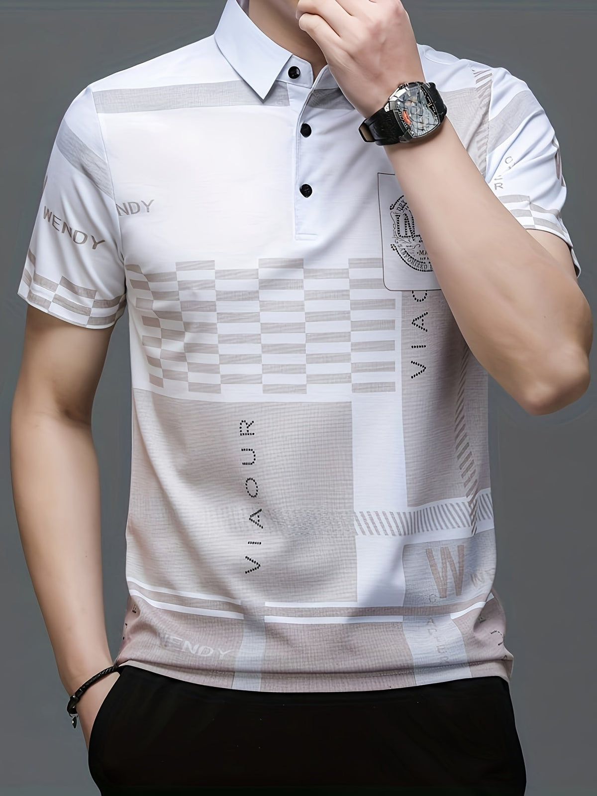 Men's colorblock short-sleeve polo shirt in black, navy blue and white — Kessoro, image 5 of 14